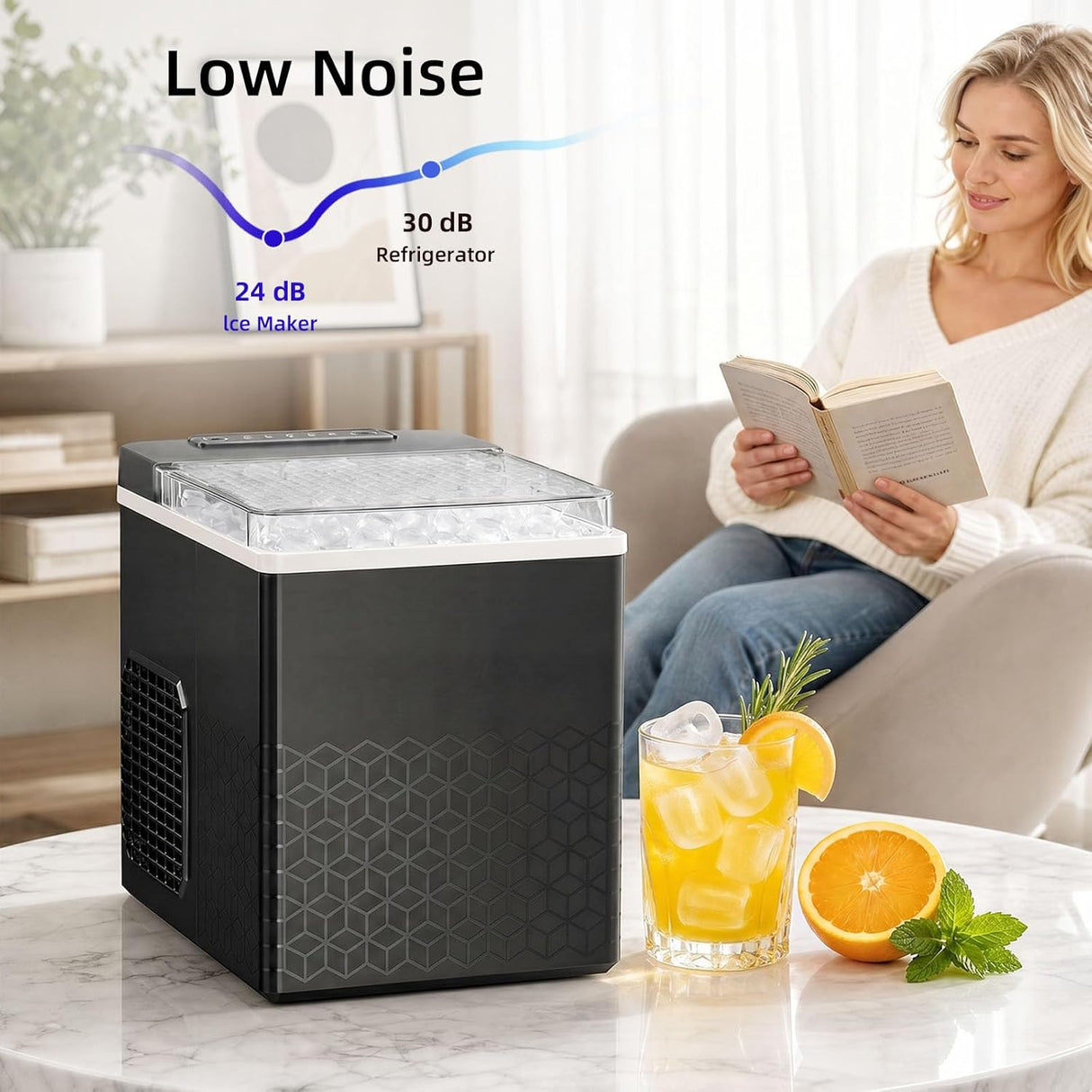 Small refrigerator on a table with a woman reading a book in the background, featuring text about noise levels.