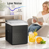 Small refrigerator on a table with a woman reading a book in the background, featuring text about noise levels.