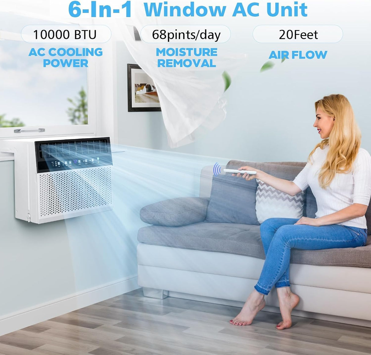 Woman sitting on a couch using a 6-in-1 window AC unit in a living room.