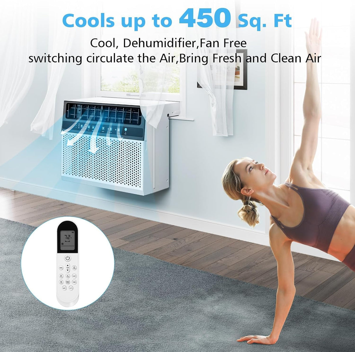 Air conditioner with dehumidifier and fan functions, woman exercising in a room.