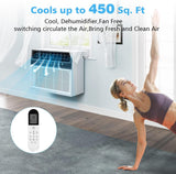Air conditioner with dehumidifier and fan functions, woman exercising in a room.