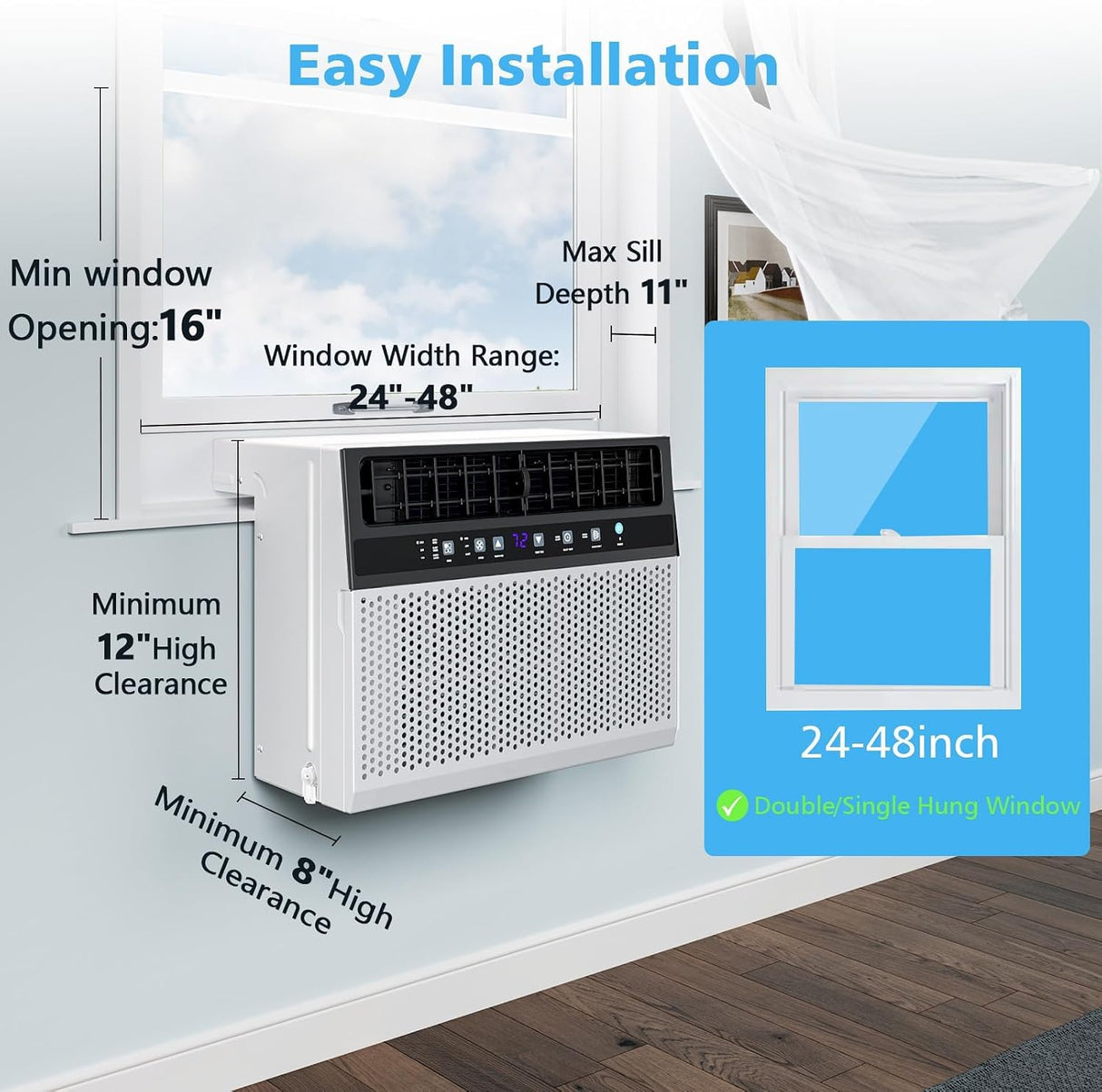 Window air conditioner with installation guidelines on a white wall background