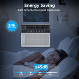 Air conditioning unit with energy saving features displayed in a bedroom setting.