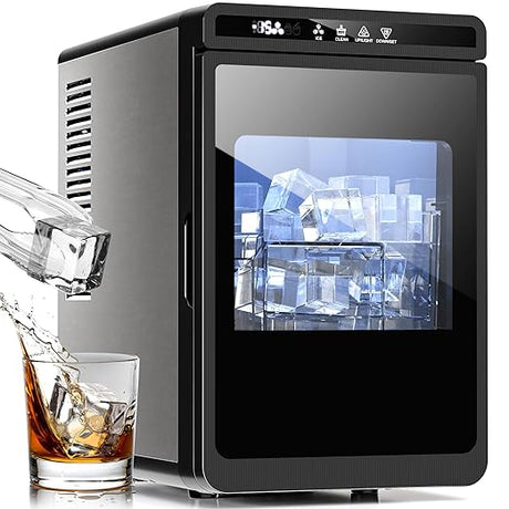 Ice maker with ice cubes and a glass of whiskey on a white background