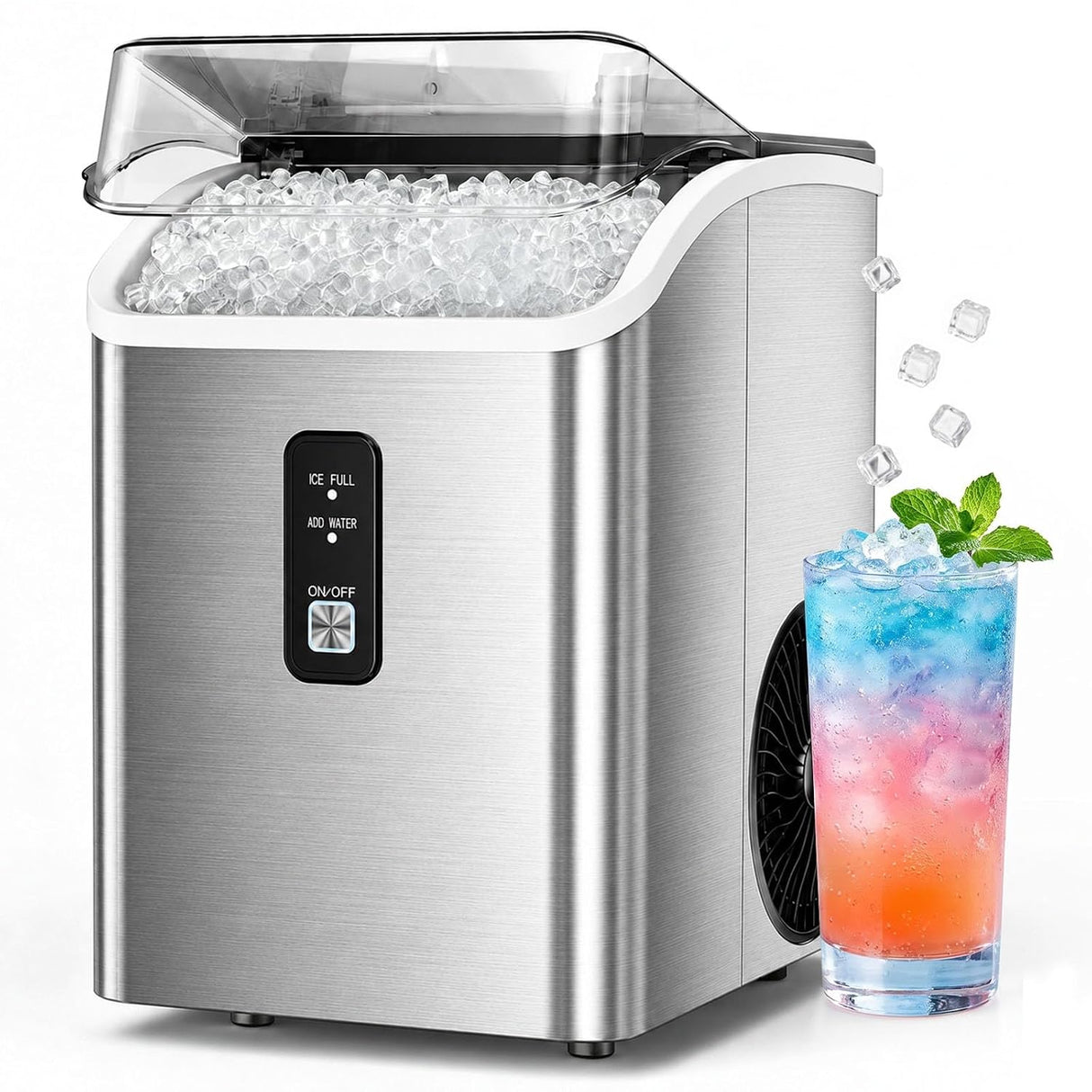 A stainless steel countertop ice machine filled with crushed ice, shown on a white background with a colorful drink and mint garnish beside it.