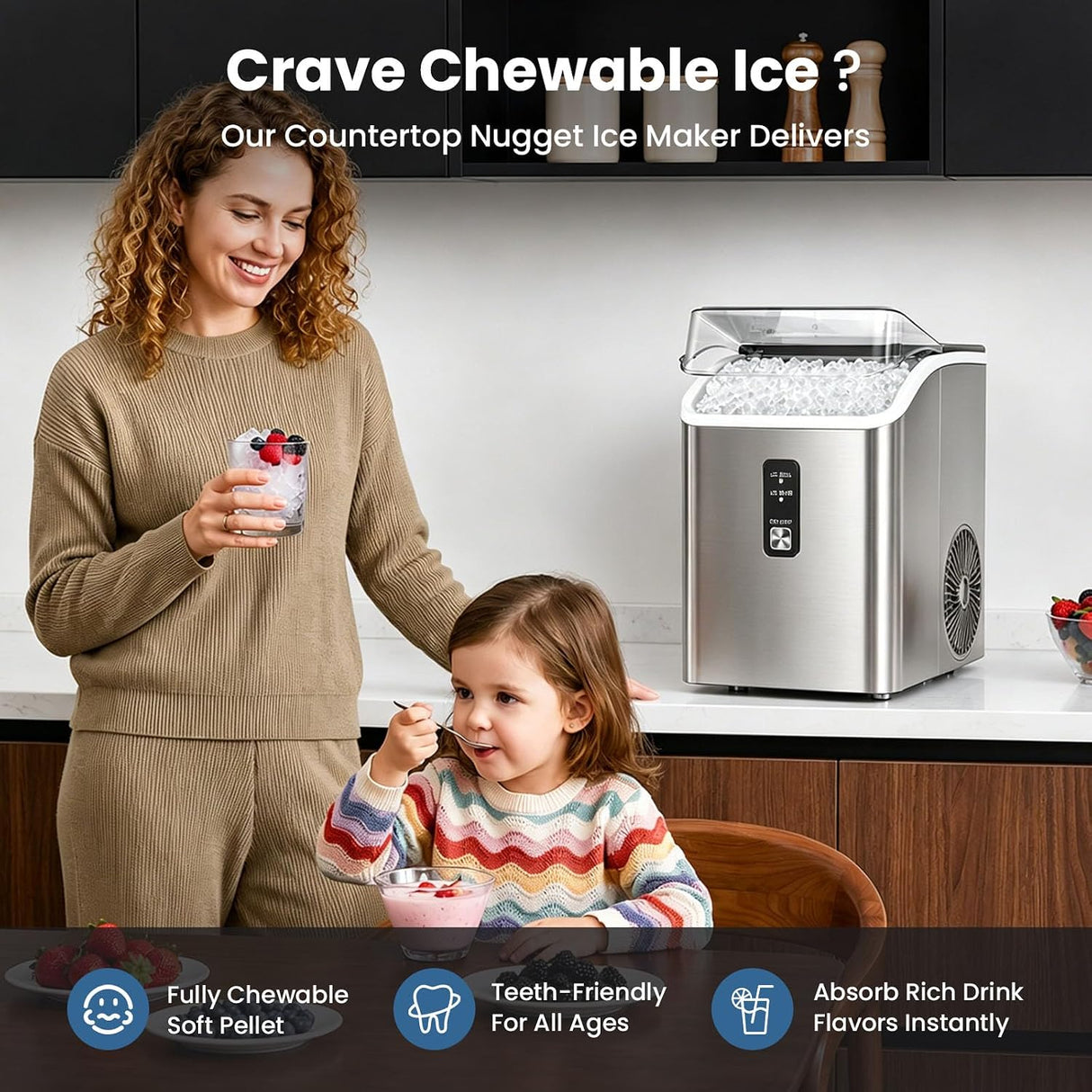 A woman and child in a kitchen setting next to a stainless steel countertop nugget ice maker, with promotional text at the top and feature icons at the bottom.