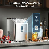 A stainless steel countertop ice machine with a digital LCD control panel overlay, shown in a kitchen setting with drinks, ice, and fruit. Text at the top reads 'Intuitive LCD One-Click Control Panel'.