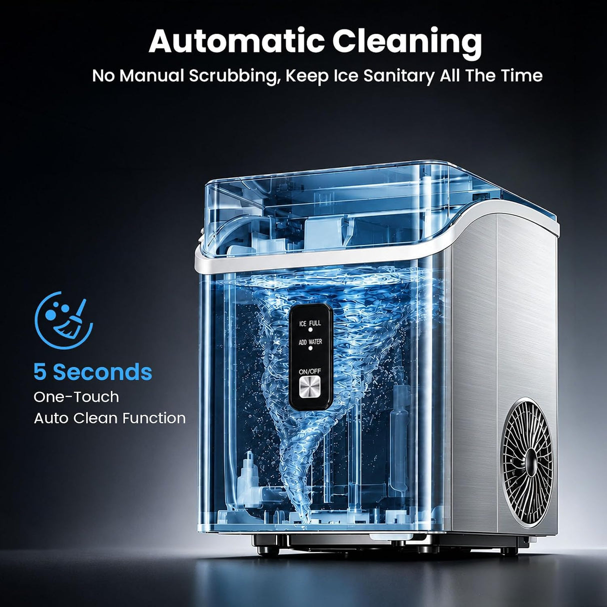 A stainless steel and transparent ice maker machine with a digital control panel, shown on a dark background with promotional text highlighting automatic cleaning and a 5-second one-touch auto clean function.