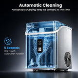 A stainless steel and transparent ice maker machine with a digital control panel, shown on a dark background with promotional text highlighting automatic cleaning and a 5-second one-touch auto clean function.