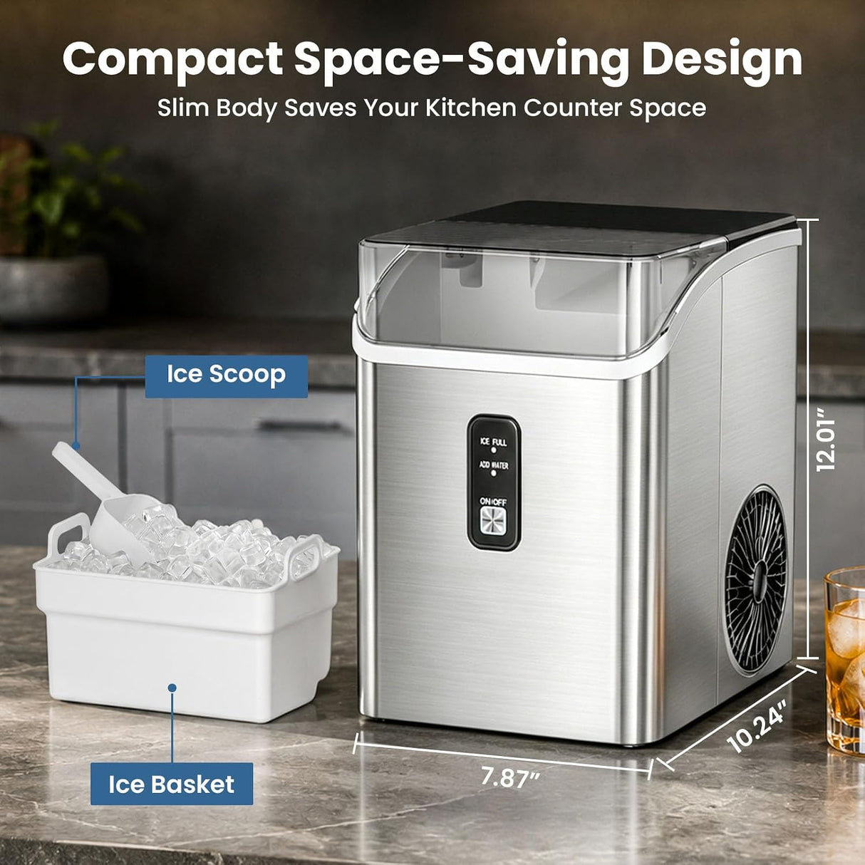 A compact stainless steel ice maker shown on a kitchen counter with a white ice bucket filled with ice and a scoop, plus overlaid dimensions and text describing the space-saving design.