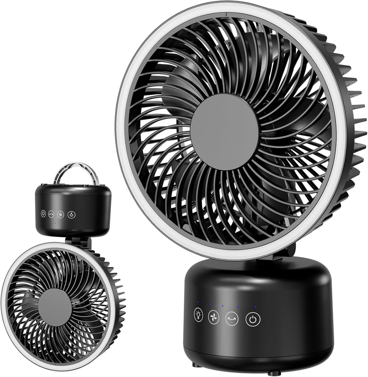 A black and silver portable desk fan shown from multiple angles on a white background, including a main view, a side view with the wind guard folded, and a smaller top-down view of the charging base.