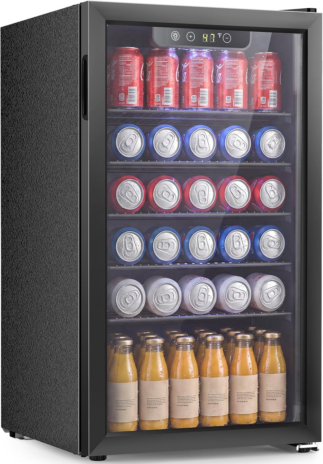 A black undercounter beverage refrigerator with a glass door, filled with red, blue, white, and orange canned and bottled drinks on multiple shelves.