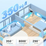 Room with furniture and air conditioning unit, showing cooling area, capacity, and air flow details.