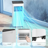 Portable air conditioner with features highlighted on a blue gradient background