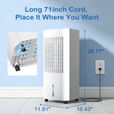 White portable air conditioner with a long cord shown in a room setting with dimension annotations (26.77 inches tall, 11.