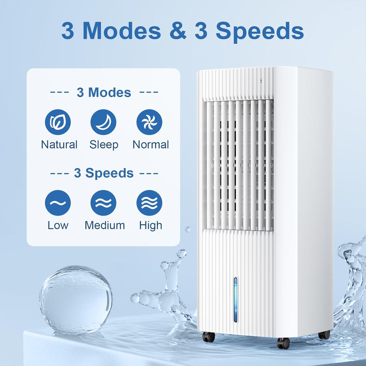 Air cooler with control panel showing 3 modes and 3 speeds on a blue background
