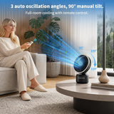 A woman sits on a sofa in a modern living room while holding a remote control near a small black oscillating fan placed on a round coffee table. Blue graphic lines illustrate airflow directions and angles, with text highlighting auto oscillation and manual tilt features.