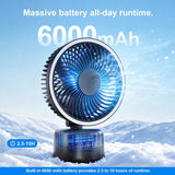A small portable fan with a glowing blue front grille and a dark base, shown standing in snow with marketing text about a 6000 mAh battery and all-day runtime.