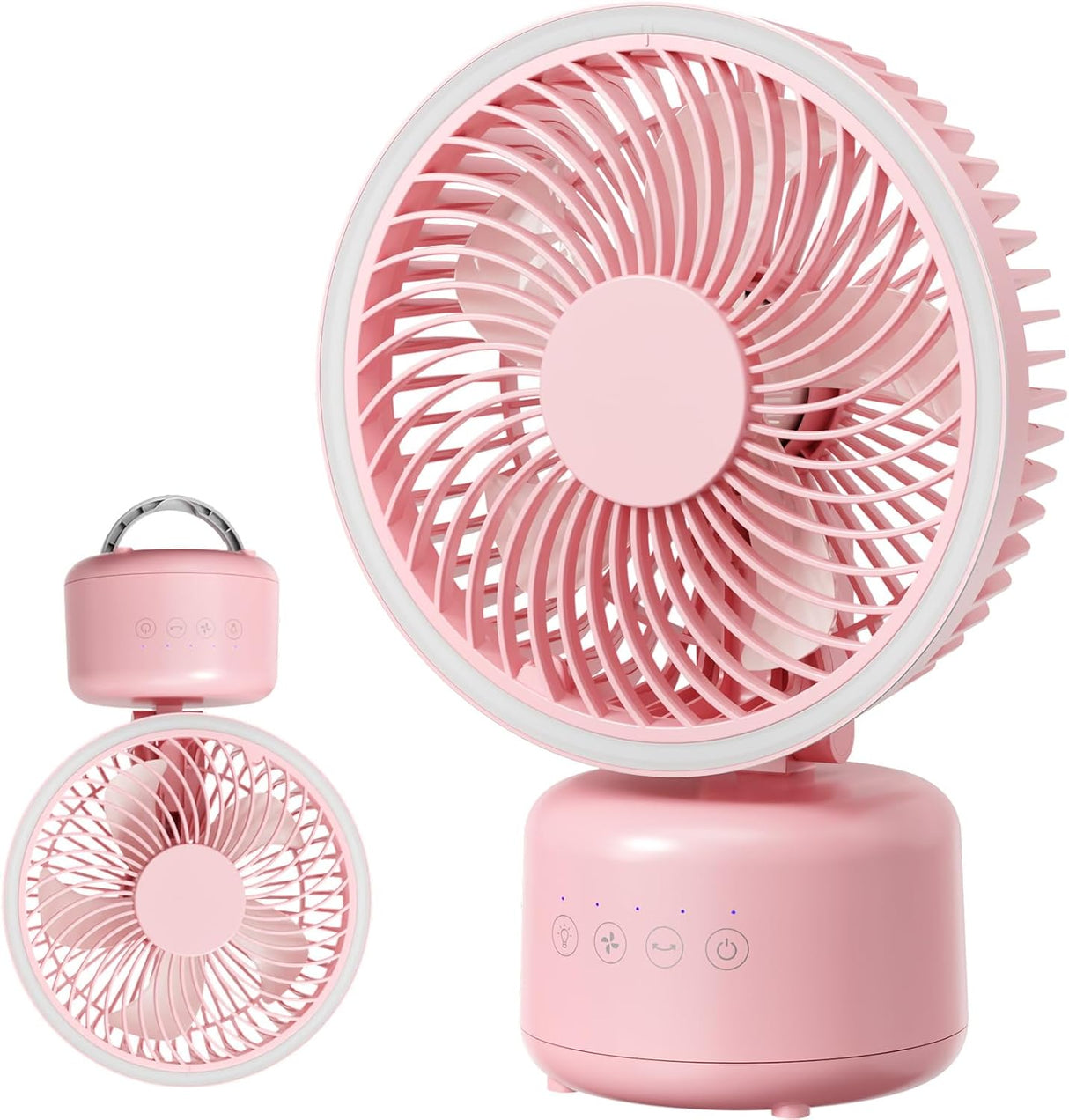 Pink portable desk fan shown from multiple angles on a clean white background, including a larger side view and a smaller front view with a carrying handle.