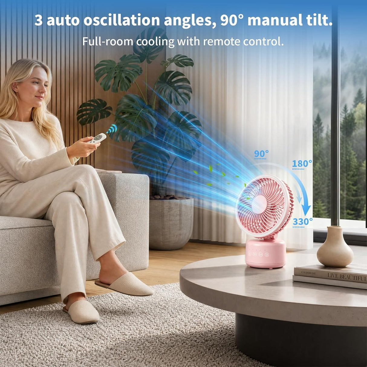 A woman sits on a sofa in a modern living room holding a remote control near a small pink oscillating fan. Blue graphic lines illustrate airflow directions at 90°, 180°, and 330°, with text at the top describing auto oscillation and full-room cooling.