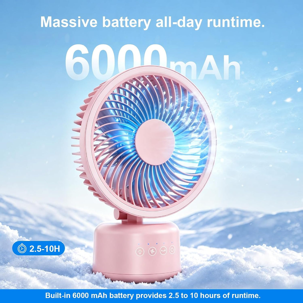 Pink portable desk fan with a glowing blue light effect inside the fan blades, set against a snowy mountain background. Text overlays highlight its 6000mAh battery and 2.