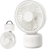A white portable desk fan with a circular head, shown in three views: a large base view, a smaller top-down view, and a view showing the detachable cordless unit with a carrying handle.