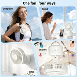 A promotional collage showing a white portable fan in four use cases: outdoors on a backpack, on a table by a window, mounted on a wall, and mounted on a ceiling. The top text reads 'One fan four ways.