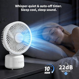 A white portable desk fan shown beside a sleeping woman in bed, with marketing text highlighting whisper-quiet operation, auto-off timer, 10-hour runtime, and 22dB low noise.