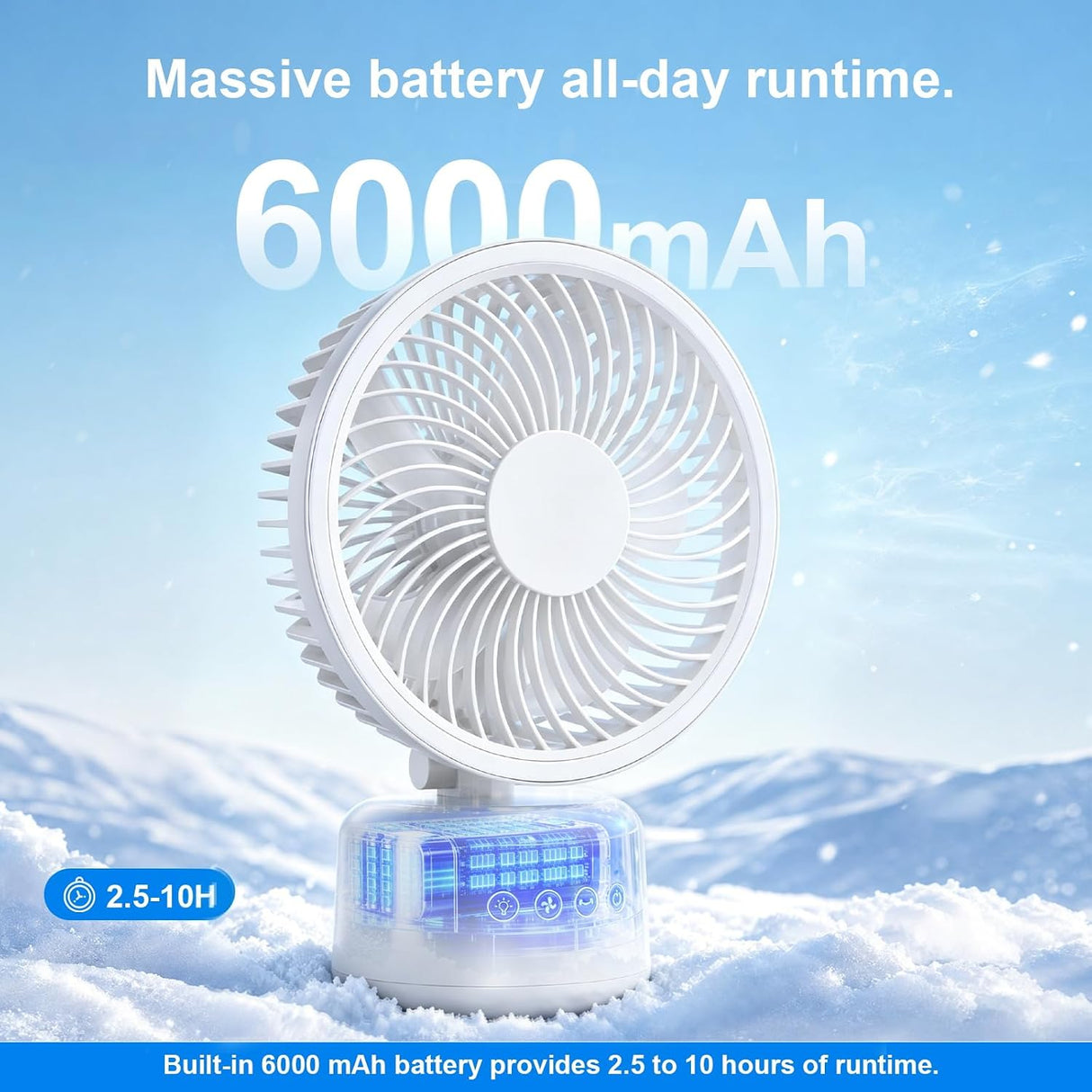 A small white portable fan with a clear battery base stands in snow, with promotional text reading 'Massive battery all-day runtime. 6000mAh' and 'Built-in 6000 mAh battery provides 2.