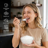 Woman eating a spoonful of a product from a bowl, with icons and text describing features.
