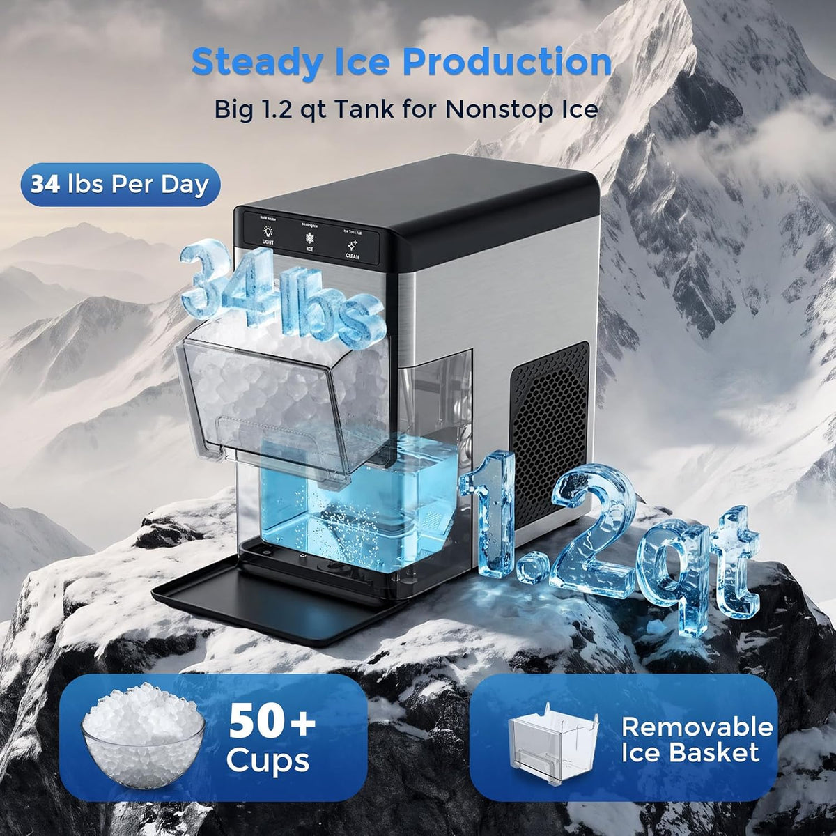 Antarctic Star Countertop Nugget Ice Maker, 6-8 Mins Fast Ice Making, 34 lbs/24H