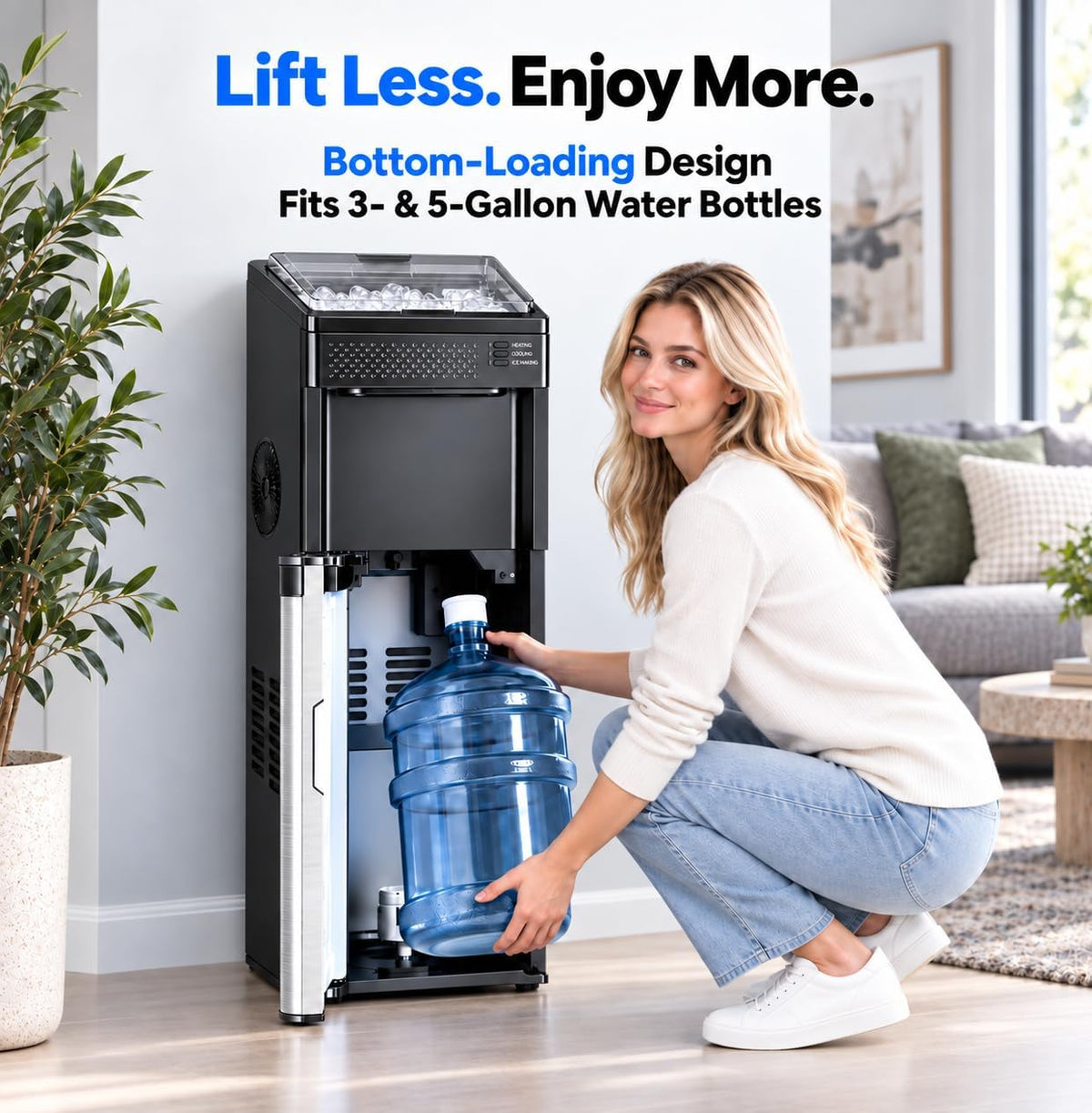 4-in-1 Bottom-Loading Water Cooler with Ice Maker, Deep Black