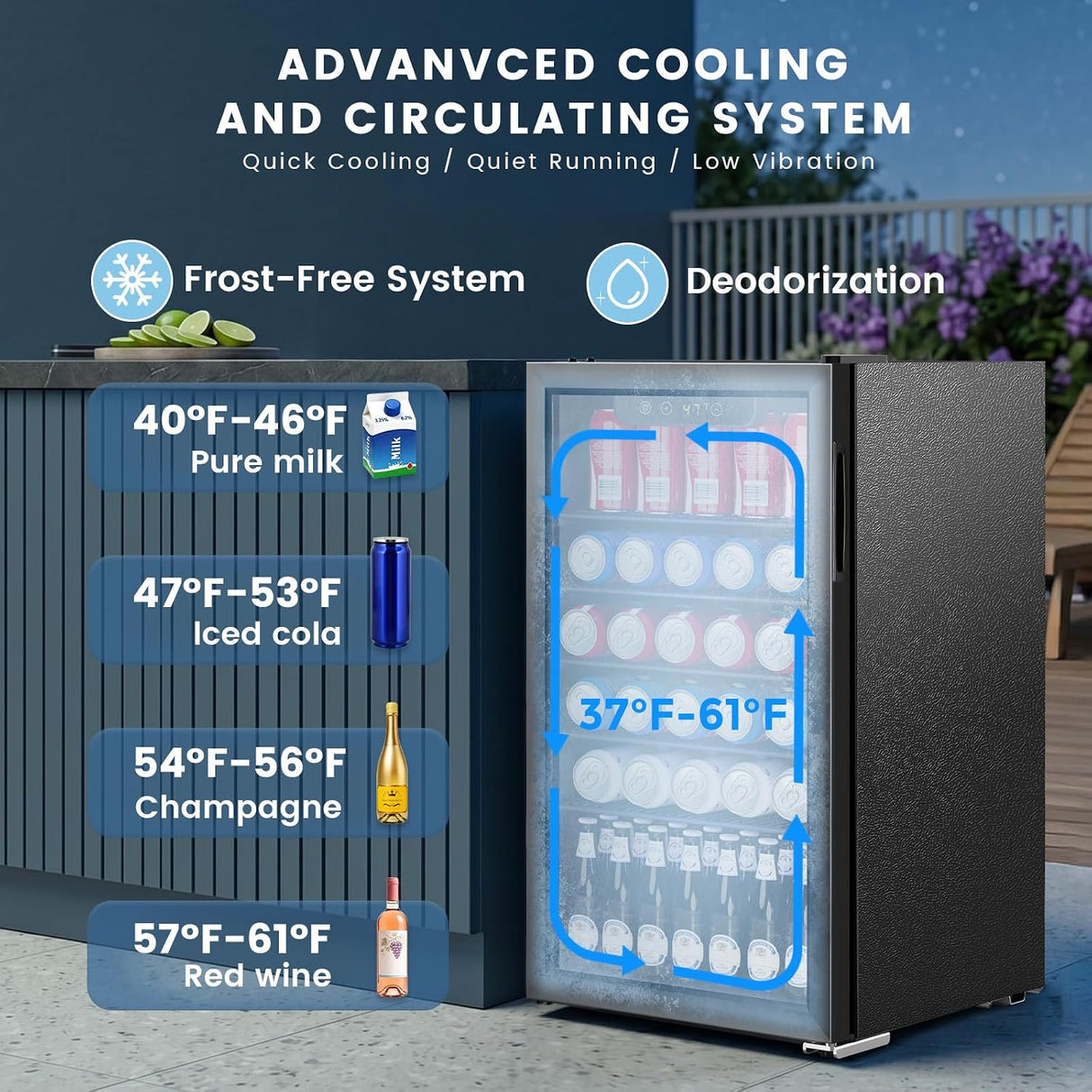 A black undercounter refrigerator shown outdoors next to a dark gray patio cooler, with promotional text highlighting advanced cooling, circulating system, frost-free system, and deodorization.