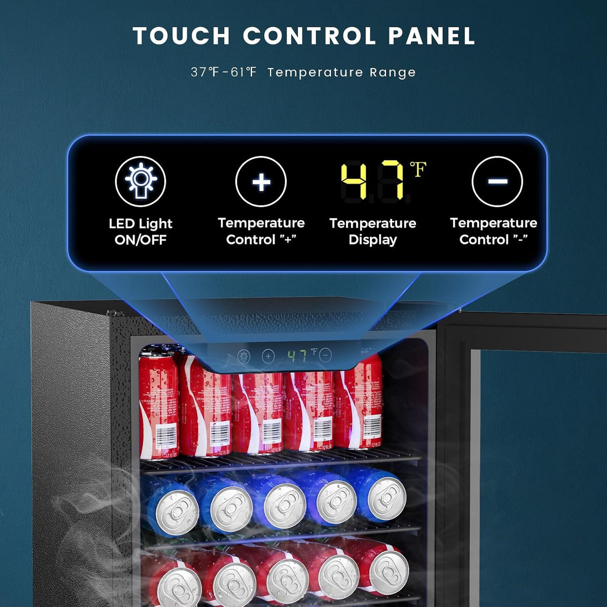 A touch control panel overlay above a beverage refrigerator showing temperature display and icons for LED light and temperature control, with canned drinks inside on shelves.