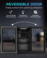 A black undercounter refrigerator shown with both doors open, featuring marketing text and icons for reversible door operation, anti UV double pane glass, temperature control to 40°F, and adjustable removable steel.