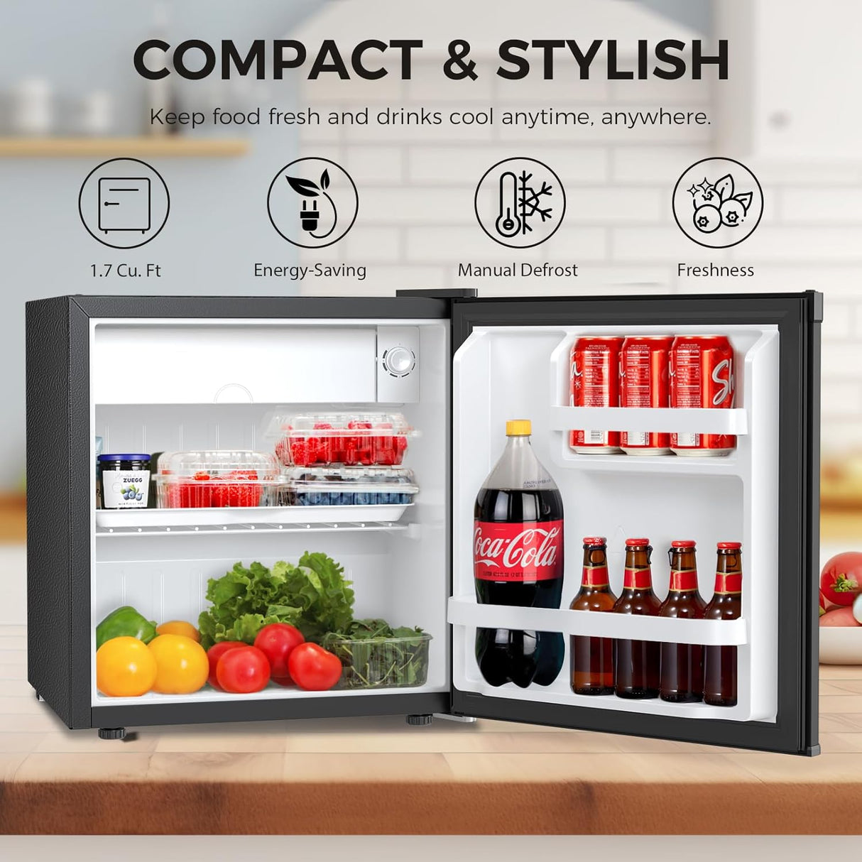 Antarctic Star 1.7Cu.Ft Compact Refrigerator Mini Fridge Glass Door Low Noise Freezer Storage of Beverages Vegetables Fruits, Black - ANTARCTIC - STARMini Fridge