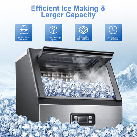 Antarctic - star Commercial Ice Maker Machine,100Lbs/Day,45 Cubes/Batch in 11 - 20 Mins,Stainless Steel Freestanding Ice Maker - ANTARCTIC - STAR