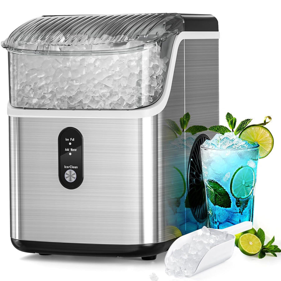 Antarctic Star 34 lb countertop nugget ice maker with an ice basket and scoop