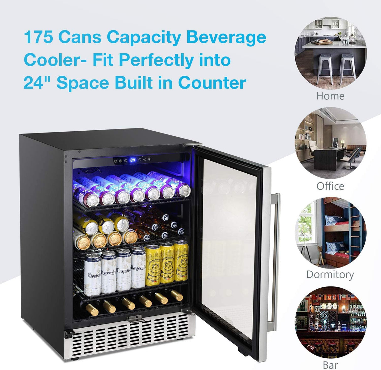 ChillEdge 46_Antarctic Star 24 Inch Beverage Refrigerator Buit-in Wine Cooler  Clear Glass Door Digital Memory Temperature