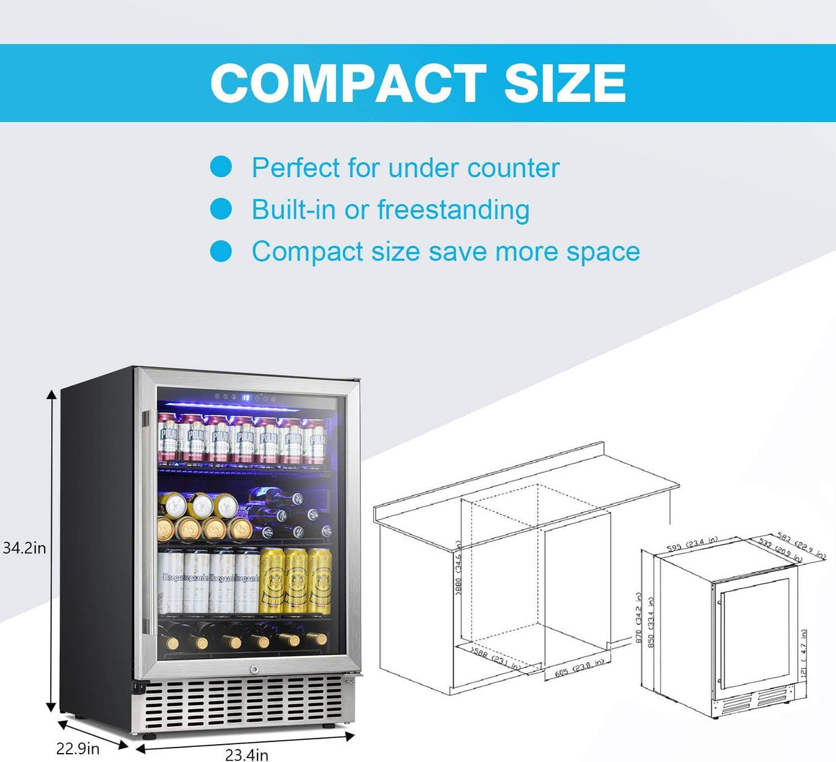 ChillEdge 46_Antarctic Star 24 Inch Beverage Refrigerator Buit-in Wine Cooler  Clear Glass Door Digital Memory Temperature