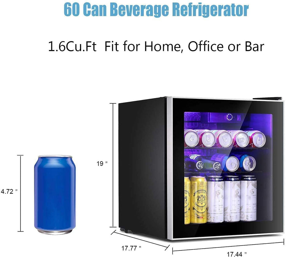 60 Can Beverage Refrigerator Cooler - Mini Fridge with Reversible Clear  Front Glass Door for Beer Soda or Wine Drink Machine for Home, Office or  Bar, 1.6cu.ft