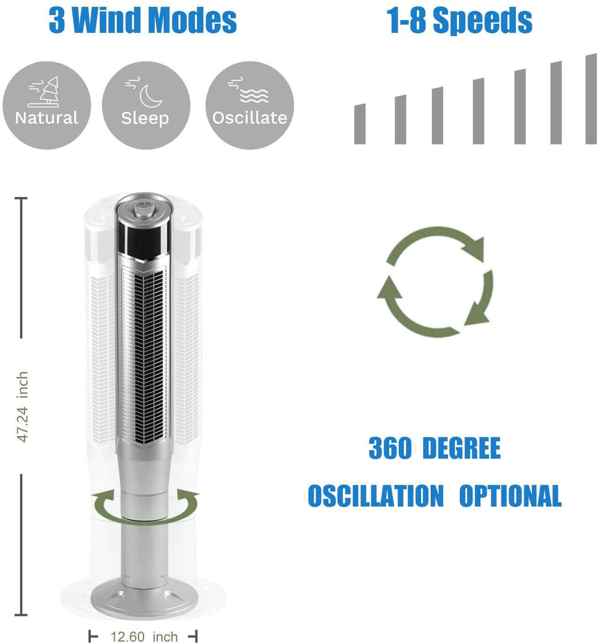 Antarctic Star 47'' Tower Fan Oscillating Fan Quiet Cooling Remote Control