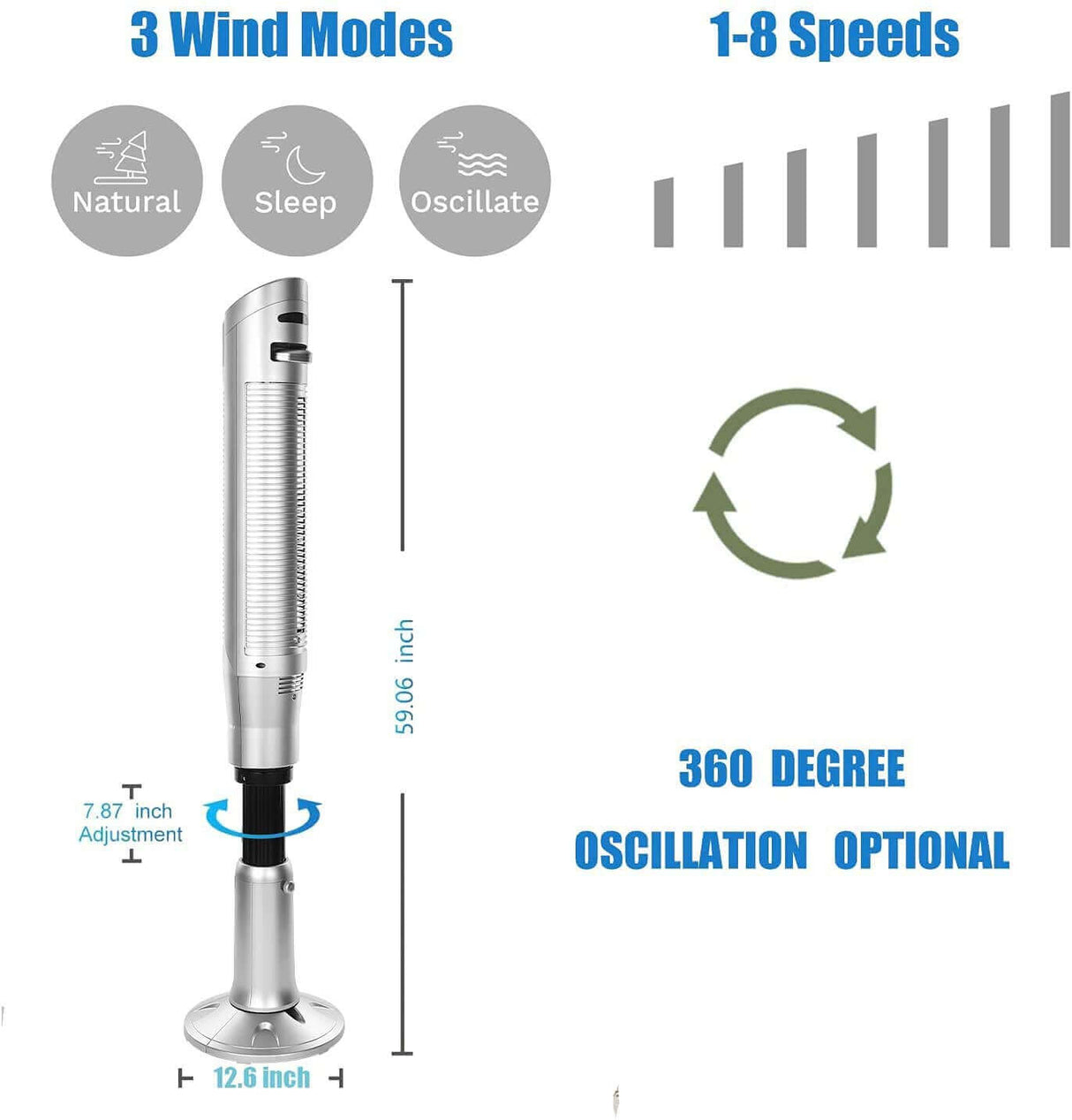 Antarctic Star 59''Tower Fan Oscillating Fan Quiet Cooling Remote Control