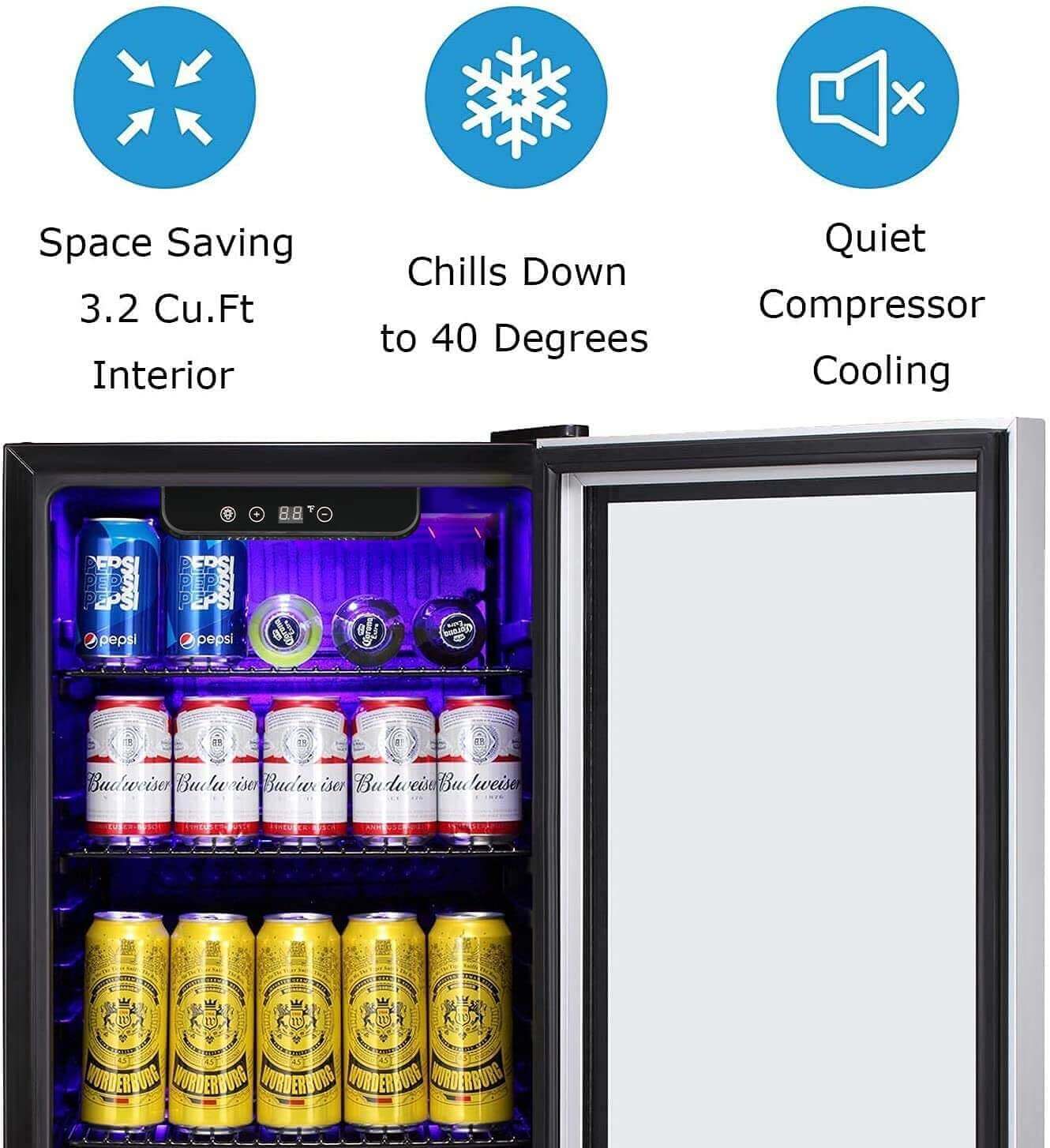 Kismile 4.5 Cu.ft Beverage Refrigerator and Cooler, 145 Can Mini Fridge Glass Door w/Digital Temperature Display for Soda, Beer or Wine, Small Drink