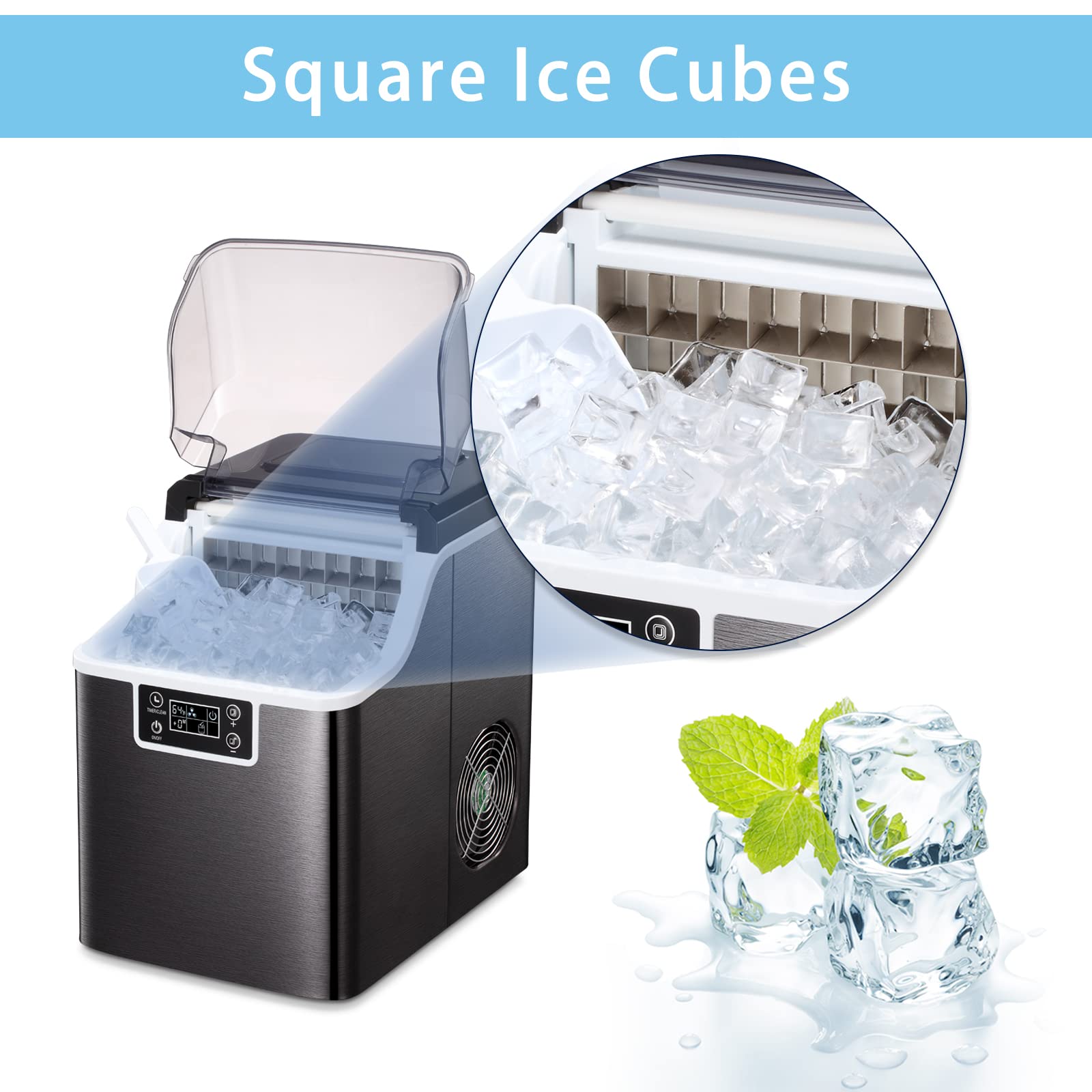 Antarctic -Star Ice Maker Machine Countertop, 44Lbs/24H Portable Compact Ice Cube Maker, with Ice Scoop & Basket