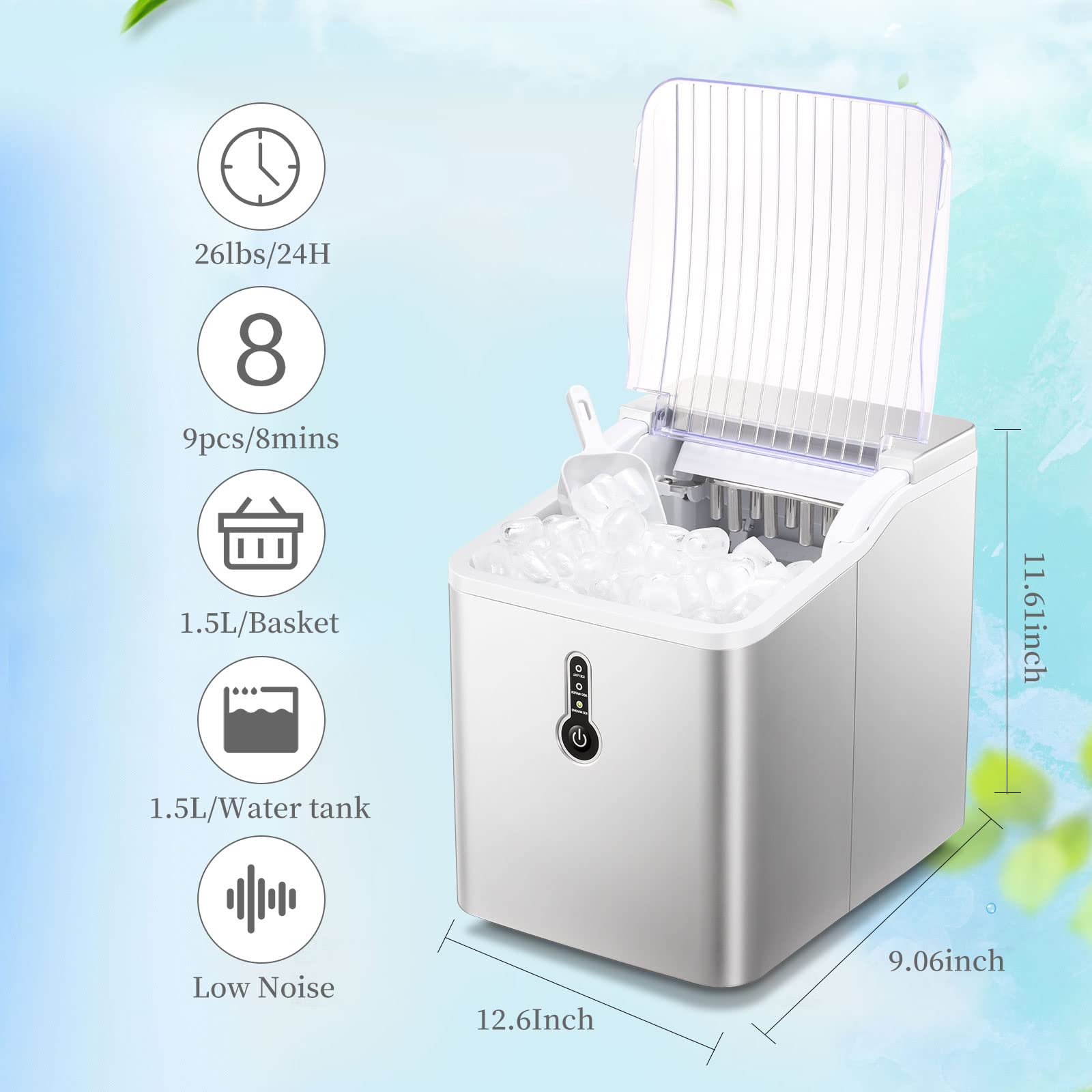 Antarctic Star Portable Ice Maker Machine for Countertop, Automatic 26 lbs  in 24 Hours 9 pcs in 8 mins with Ice Shovel and Ice Basket Bullet Ice