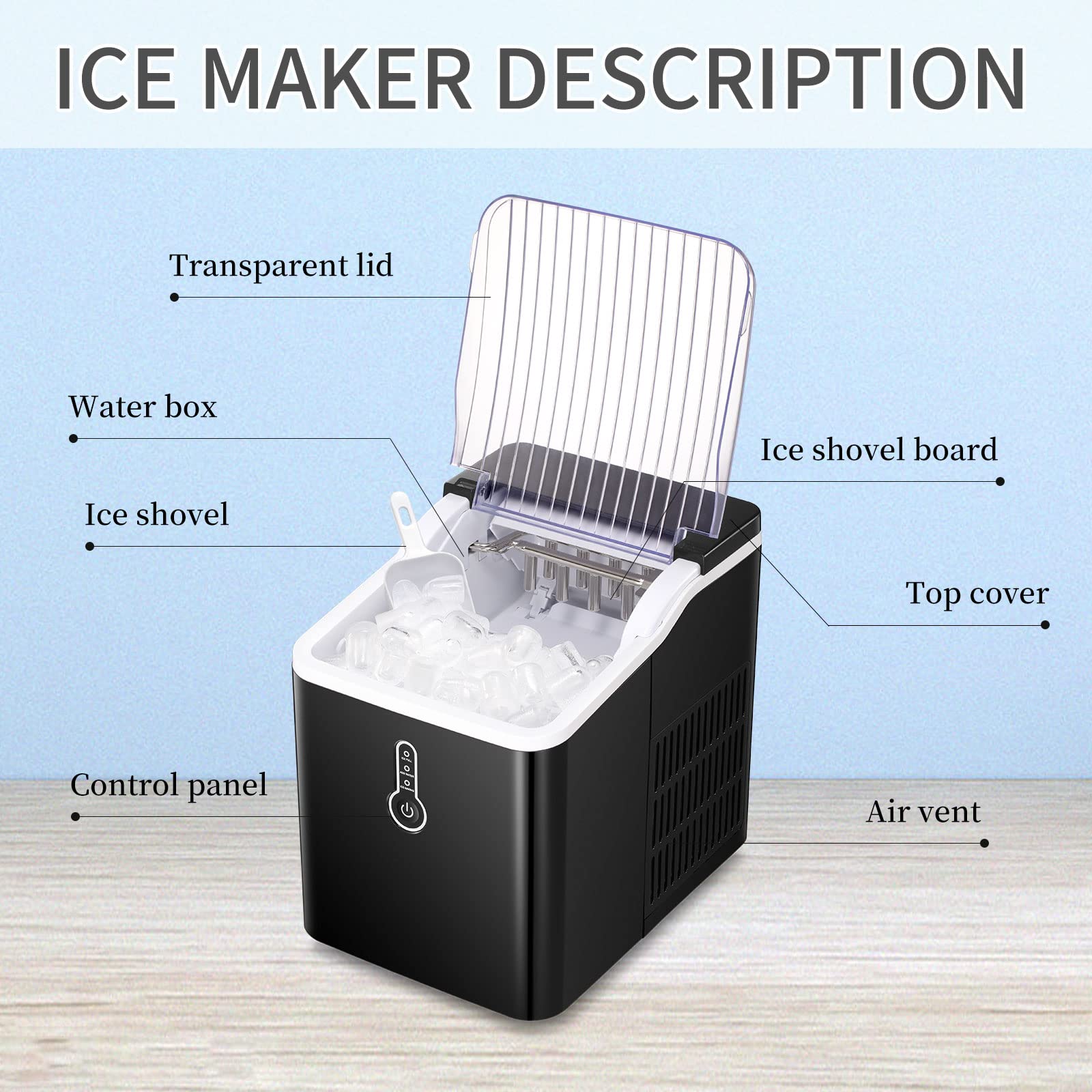 Ice Maker Countertop 44lbs per Day with Ice Shovel and Self-Cleaning - Black