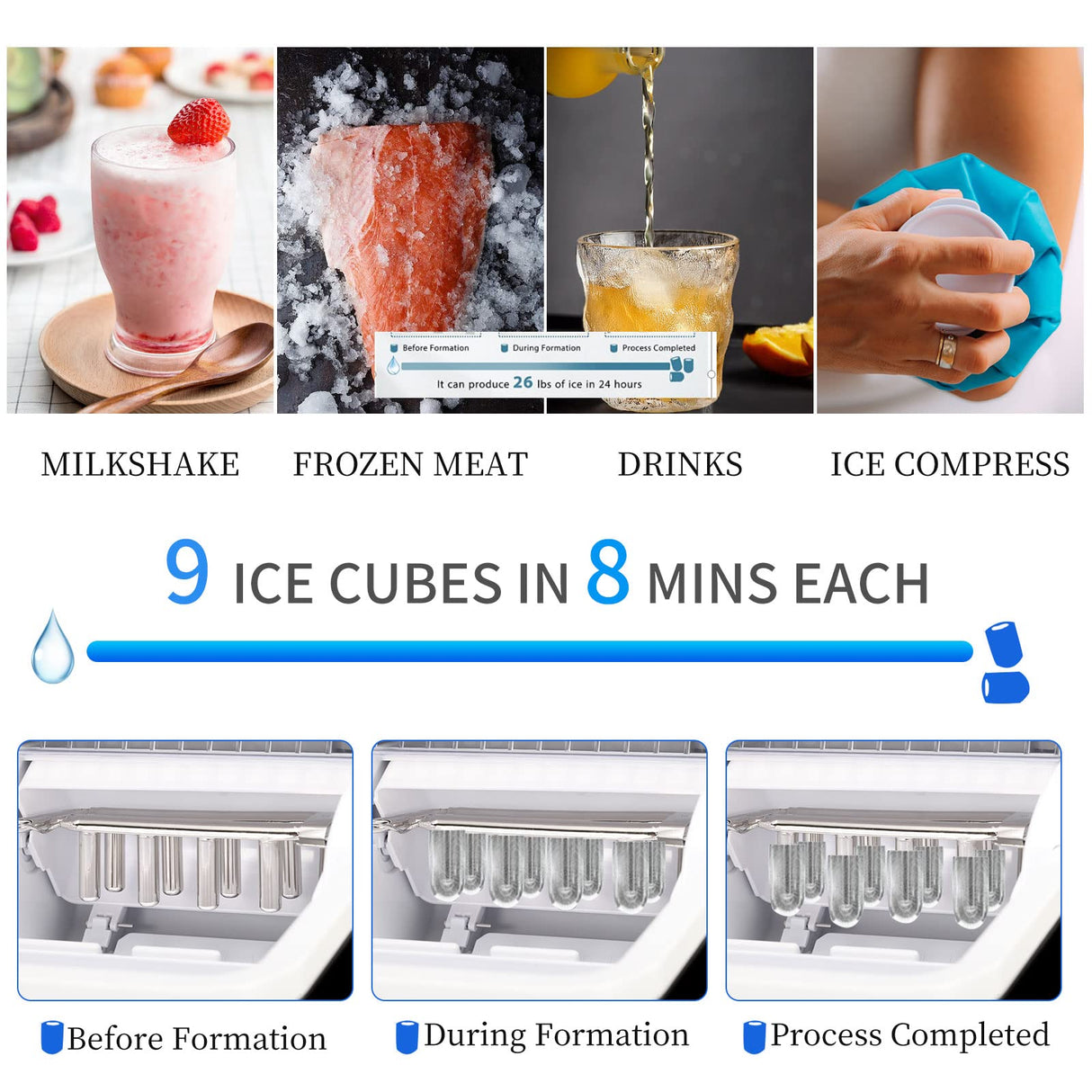 Antarctic Star Portable Ice Maker Machine for Countertop, Automatic 26 lbs in 24 Hours 9 pcs in 8 mins with Ice Shovel and Ice Basket Bullet Ice